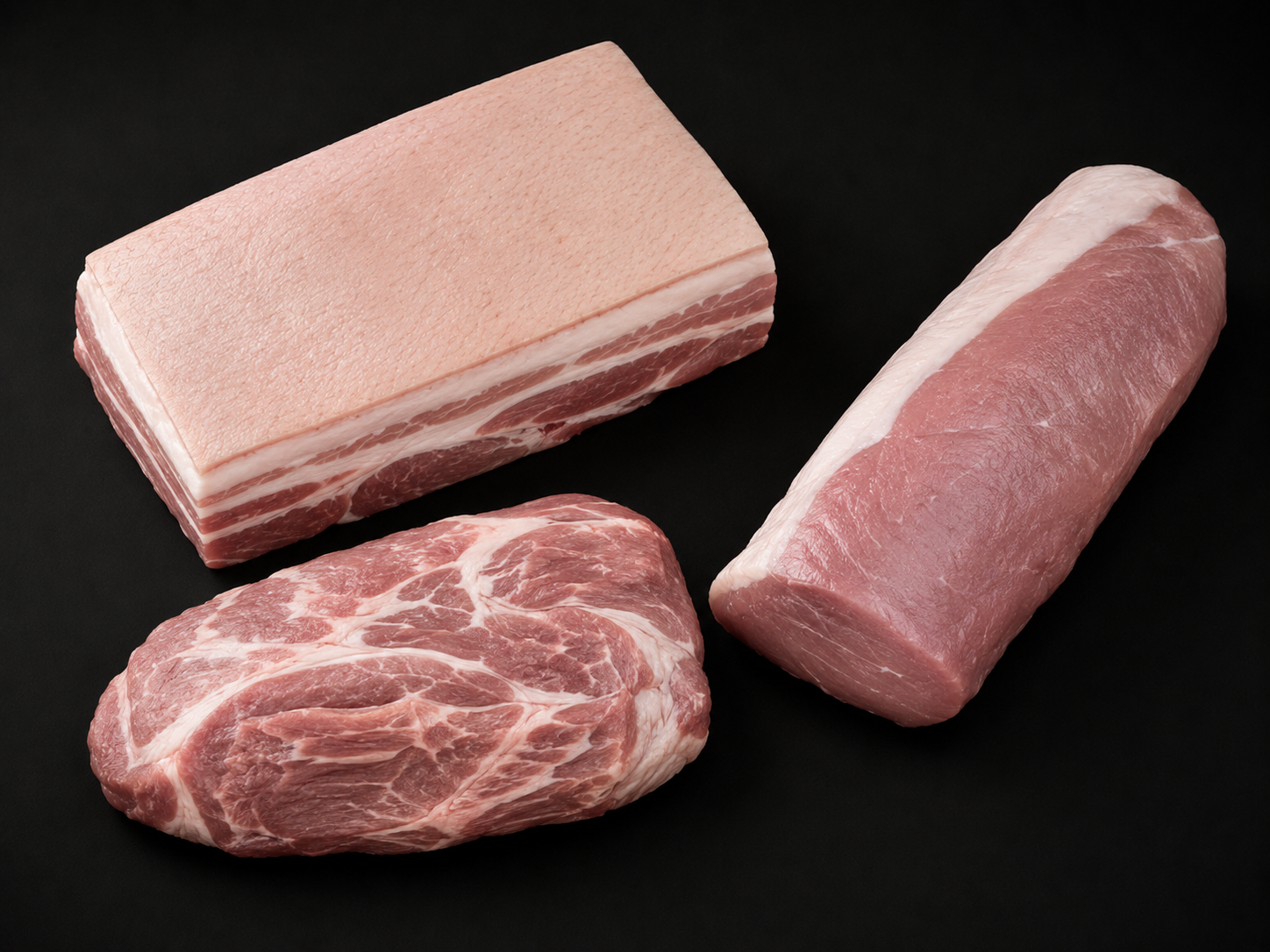 Quality pork cuts including belly, loin, and shoulder